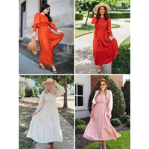 Casual Long Sleeve Crew Neck High Waist Smocked Flowy Tiered Midi Dress - Picture 12 of 14